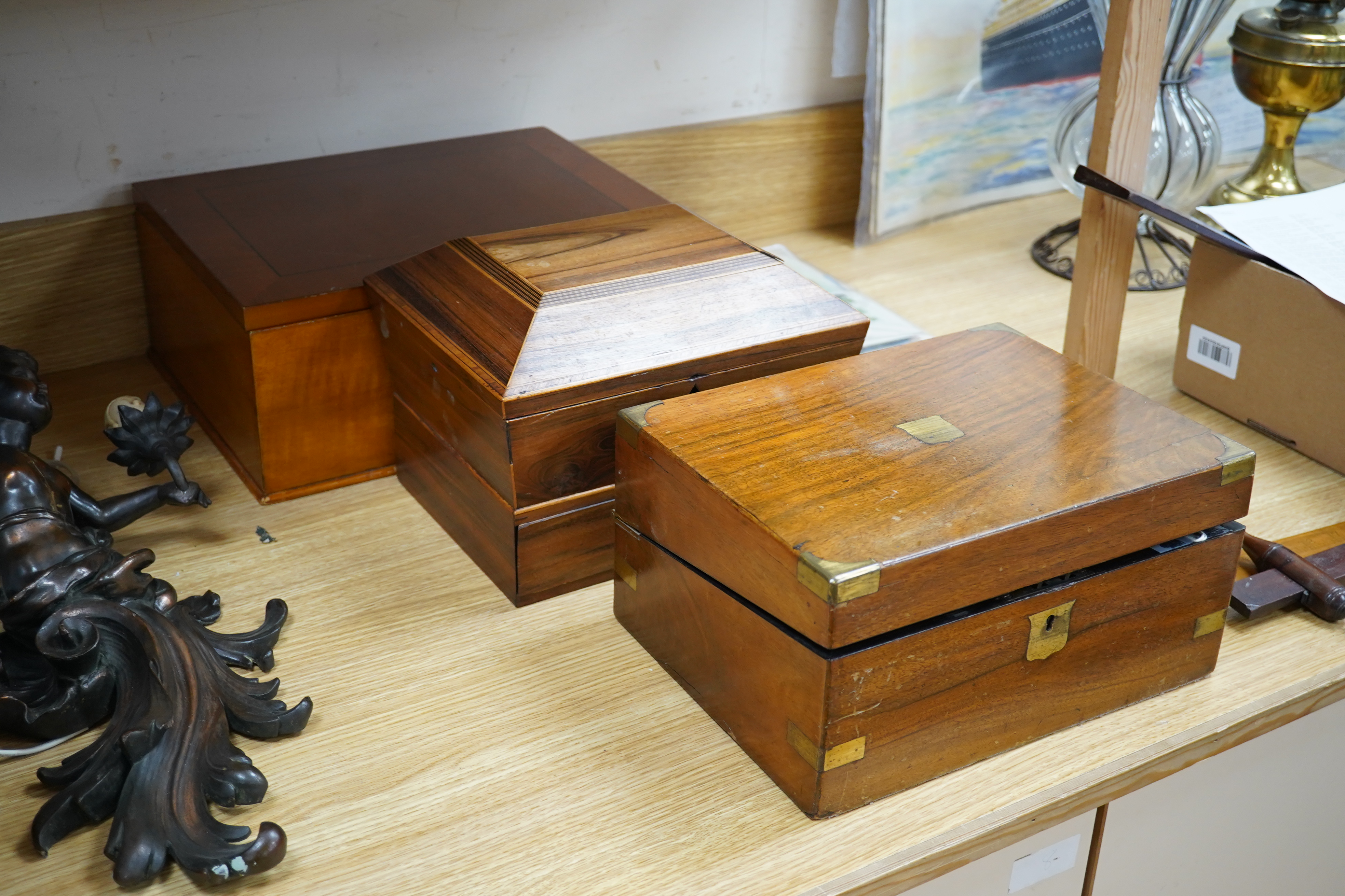 A Regency Gonçalo Alves box, a Victorian walnut writing slope and a modern cherry jewellery casket, tallest jewellery casket 20cm high. Condition - poor to fair